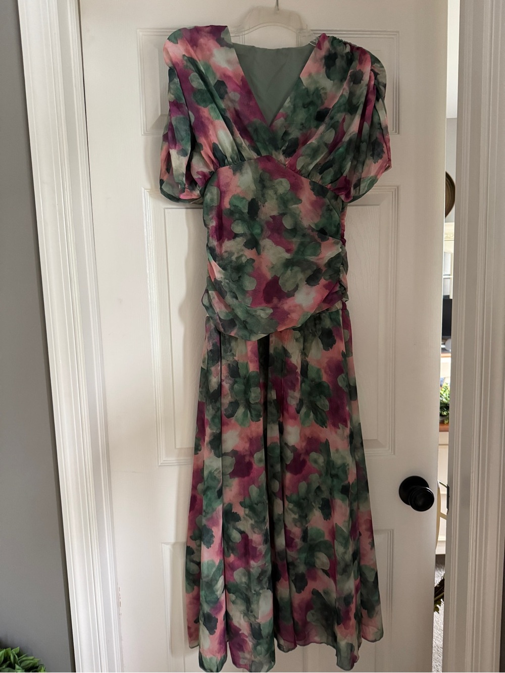 Floral V-Neck Maxi Dress in Green and Pink